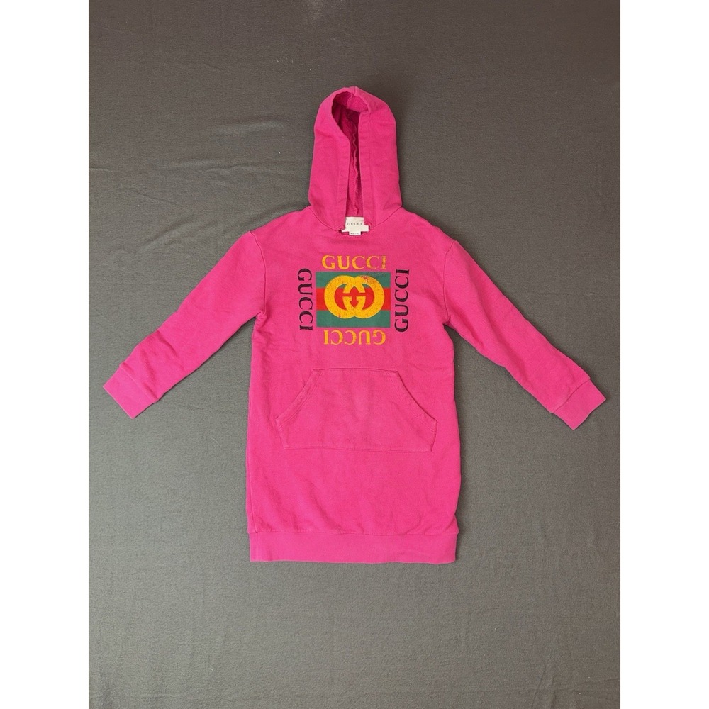 Gucci Kids Pink Logo Hoodie Dress Interlocking G Cotton Size 8